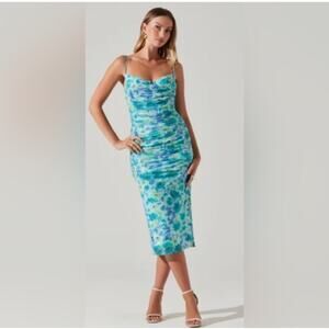 ASTR The Label Malta Dress In Blue Teal Floral Midi Size XS Revolve